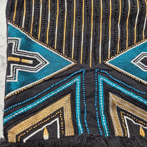 H&M Size 4 Black Teal Gold Beaded Embroidered Raw Tassel Hem Zip Mini Skirt - Picture 3 of 9
